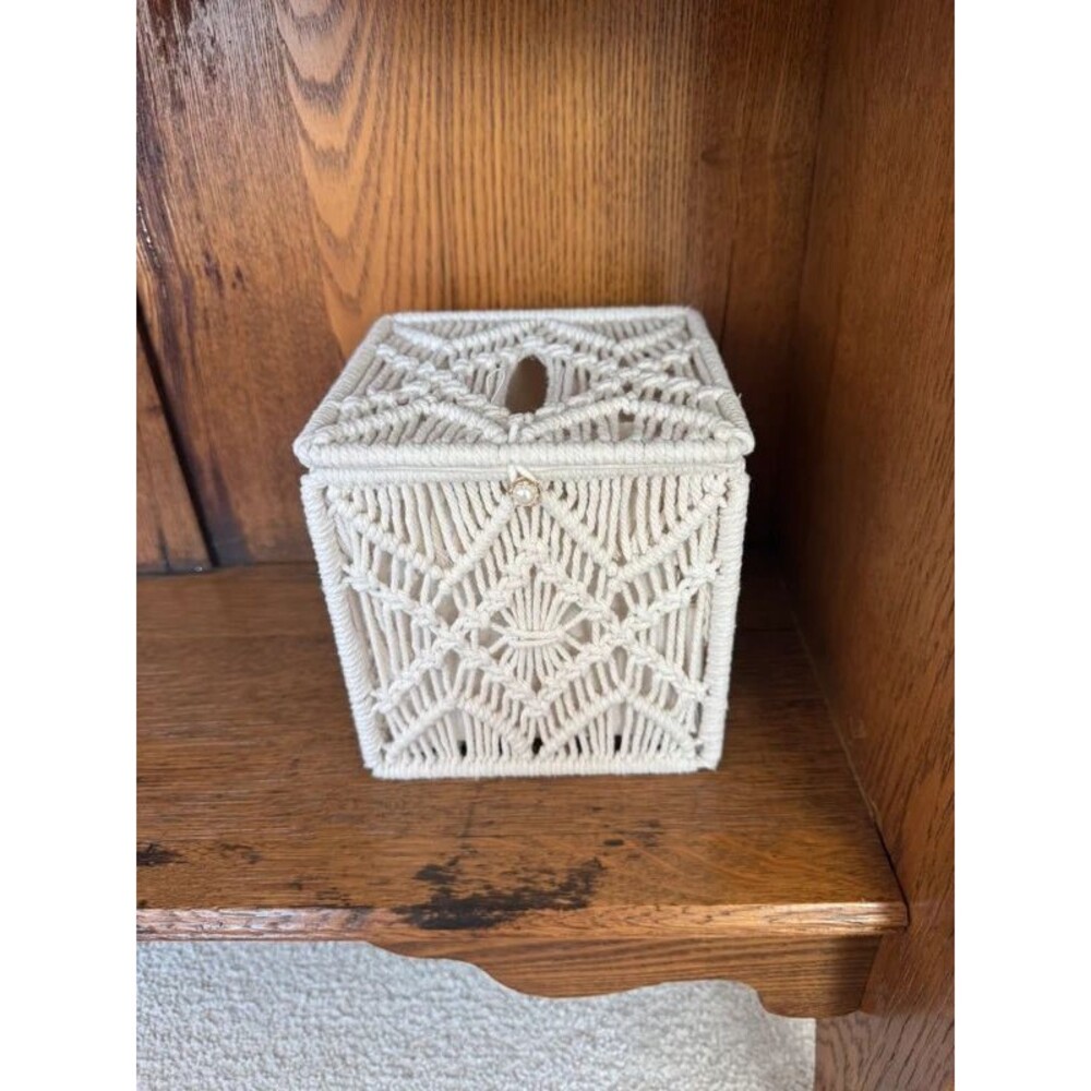 Boho Macrame Tissue Box Cover Cream Square Tissue Holder